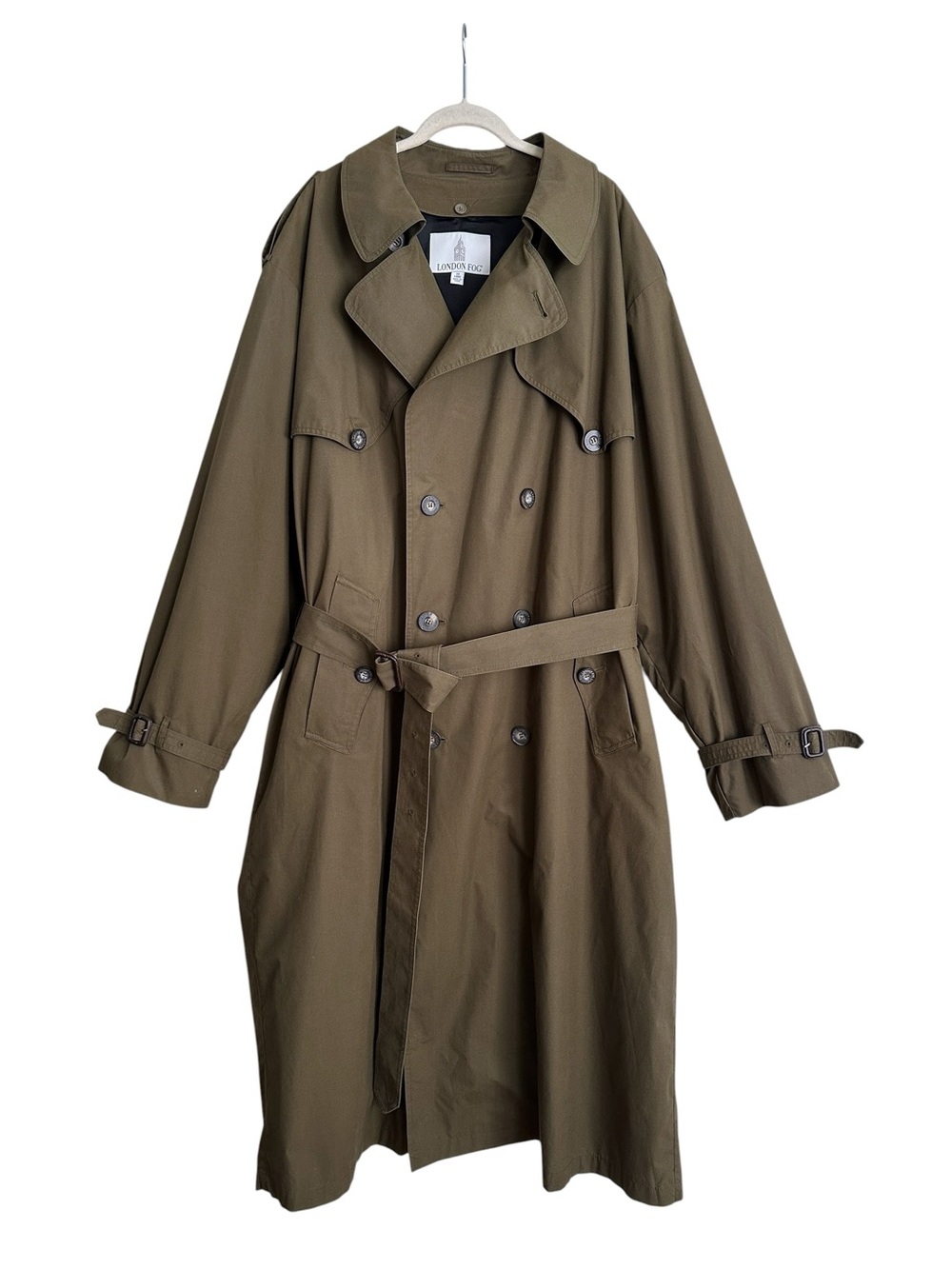 LONDON FOG Men’s Olive Double Breasted Belted Trench Coat 48 Long Lined